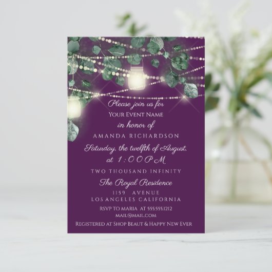 Brautparty Rustikales Holz Gold Plum Jars Lights Einladung (Stehend Vorderseite)