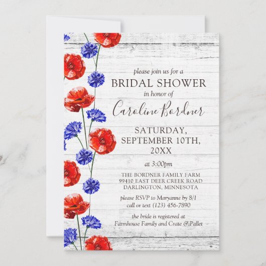 Brautparty Rustikales Holz und Roter Mohn Land Einladung (Vorderseite)