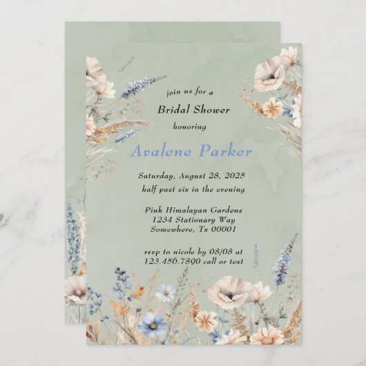 Brautparty "Sage and Dusty Blue Wildblumen" Einladung (Vorne/Hinten)
