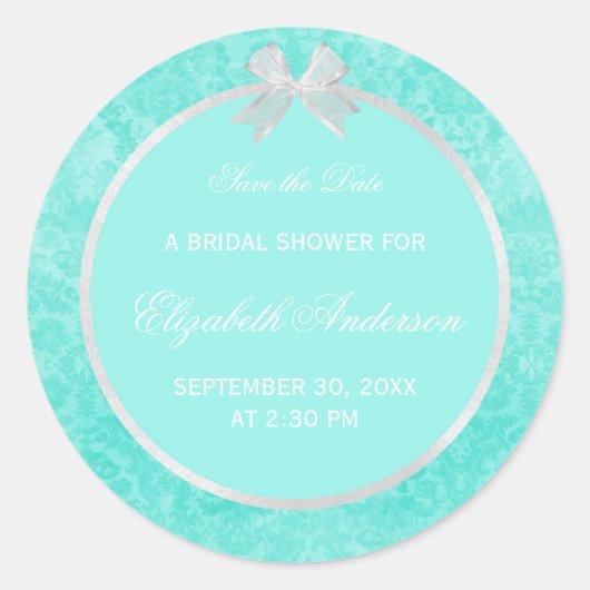 Brautparty Save the Date Aqua Damask White Bow Runder Aufkleber (Vorderseite)