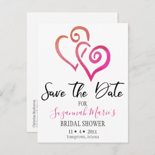 Brautparty Save the Date Orange Pink Hearts Ankündigungspostkarte (Vorne/Hinten)
