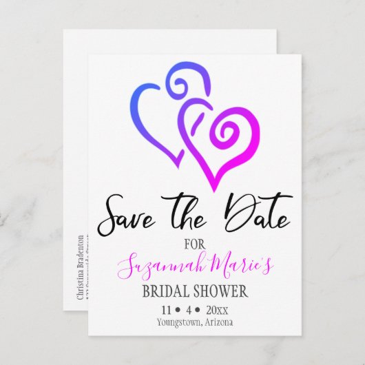Brautparty Save the Date Pink Blue Hearts Annou Ankündigungspostkarte (Vorne/Hinten)