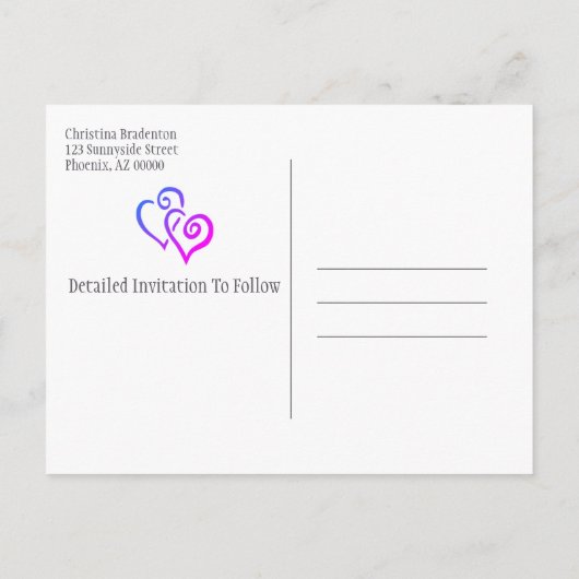 Brautparty Save the Date Rosa blaue Herzen Ankündigungspostkarte (Rückseite)