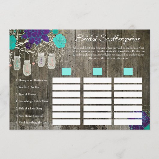 Brautparty Scattergories Game | Rustikal (Vorderseite)