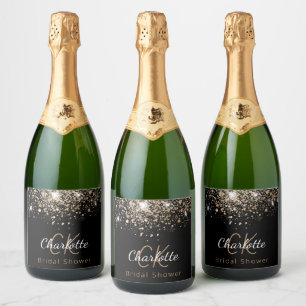 Brautparty Schwarz-Gold-Glitzer-Monogramm-Initiale Schaumweinetikett