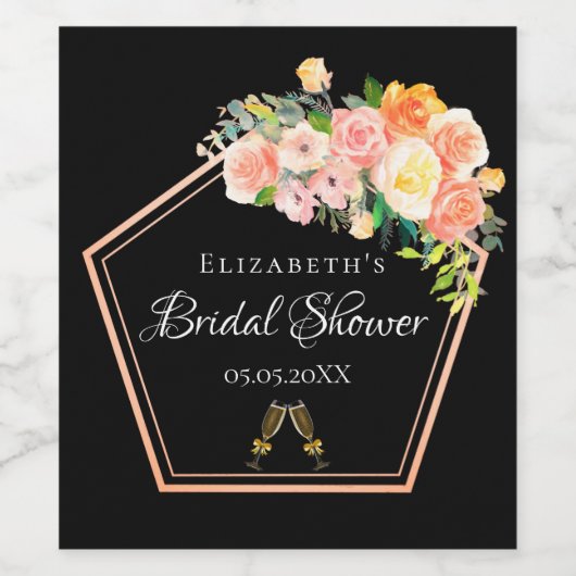 Brautparty Schwarz Rosa Blumengeometrie Weinetikett (Einzelnes Label)