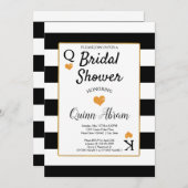 Brautparty Schwarz-Weiß Streifen | Gold Hearts Einladung (Vorne/Hinten)