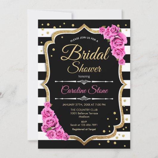 Brautparty - Schwarz-weiße Streifen und rosa Rosen Einladung (Vorderseite)