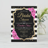 Brautparty - Schwarz-weiße Streifen und rosa Rosen Einladung (Stehend Vorderseite)