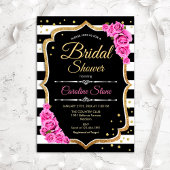 Brautparty - Schwarz-weiße Streifen und rosa Rosen Einladung