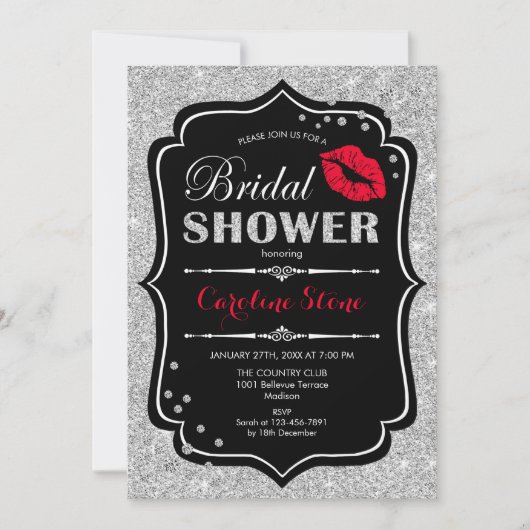 Brautparty - Schwarzes Rotes Silber Einladung (Vorderseite)
