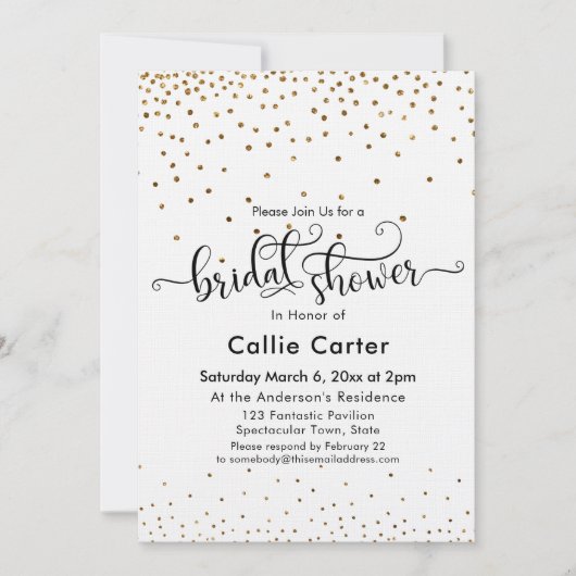 Brautparty Script Typografie Gold Confetti Einladung (Vorderseite)