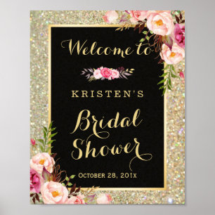 Brautparty Sign Gold Glitzer Glitzern Floral Poster