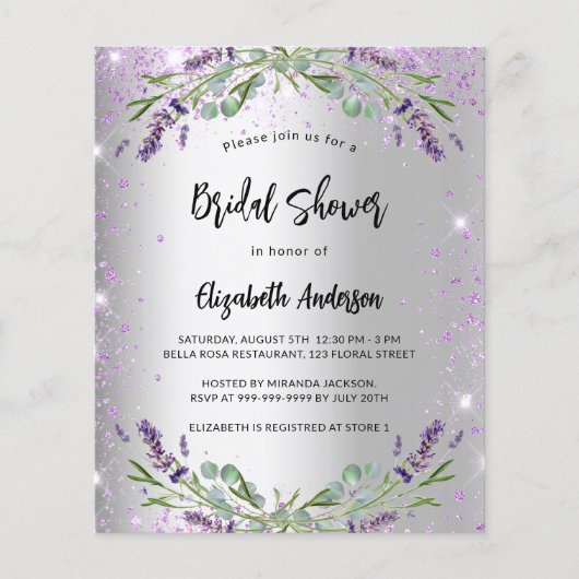 Brautparty silber Lavendel Einladung (Vorderseite)