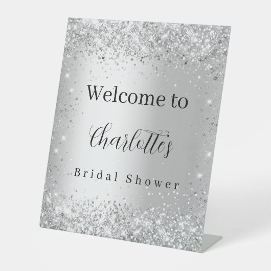 Brautparty Silber-Name-Script willkommen Sockelschild (Vorderseite)