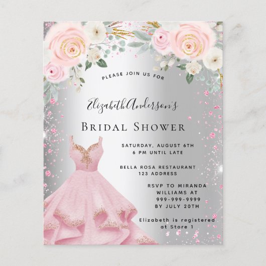 Brautparty silber rosa Kleid Glitzer Einladung Flyer (Vorne)