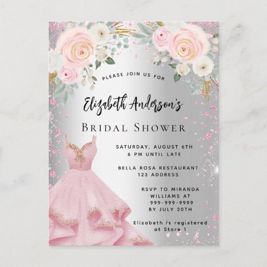 Brautparty silber rosa Kleid Glitzer glamourös Einladungspostkarte (Vorderseite)