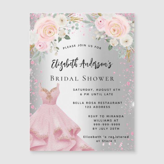 Brautparty silber rosa Kleid Glitzer Luxus Magneteinladung (Vorderseite)