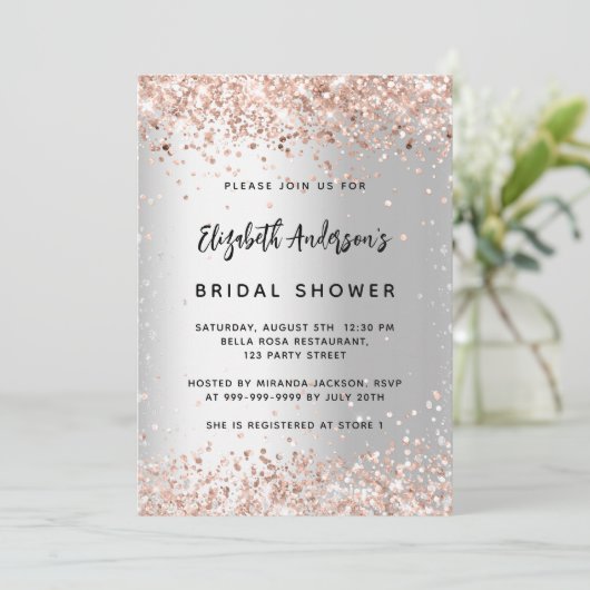 Brautparty Silber Rose Gold Einladung (Stehend Vorderseite)