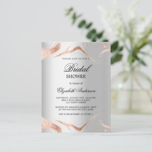 Brautparty Silber Rose Goldmarmor elegant Einladungspostkarte (Stehend Vorderseite)