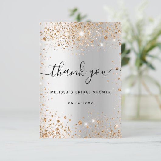 Brautparty silbergoldener Glitzer glamourös Dankeskarte (Stehend Vorderseite)
