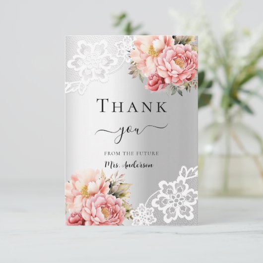Brautparty silberne Blumenspitze Dankeschön-Karte Dankeskarte (Stehend Vorderseite)