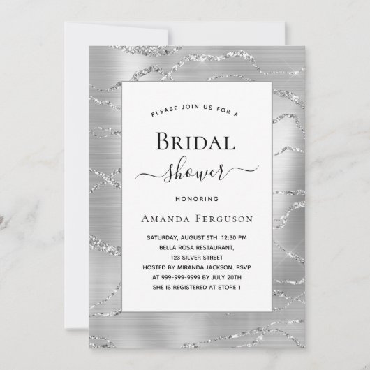 Brautparty silberweiß elegant einladung (Vorderseite)