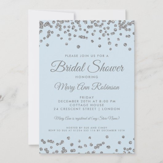 Brautparty Silver Glitzer Confetti Ice Blue Einladung (Vorderseite)