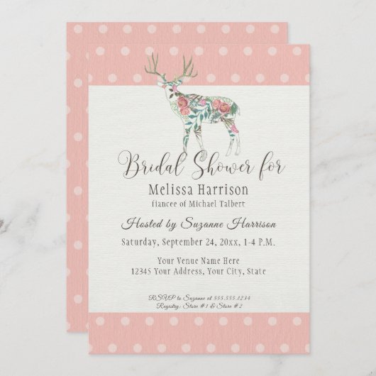 Brautparty Simple Dot Moderne Rose Hirsche Antler Einladung (Vorne/Hinten)