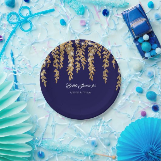 Brautparty Simple Navy Gold Willow Leaf Twinkle Pappteller (Party)