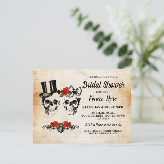 Brautparty Skulls Rose Rustikaler Bow Postkarte (Stehend Vorderseite)