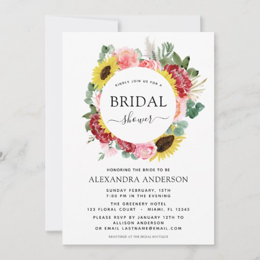 Brautparty Sonnenblume Eukalyptus Floral Wreath Einladung (Vorderseite)
