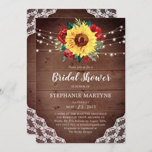 Brautparty Sonnenblume Spitzen Rote Flora Rustikal Einladung (Vorne/Hinten)