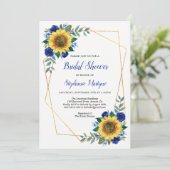 Brautparty Sonnenblumen Geometrisch Blau Einladung (Stehend Vorderseite)