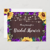 Brautparty Sonnenblumen Lila Blumenlampen Holz Einladungspostkarte (Vorne/Hinten)