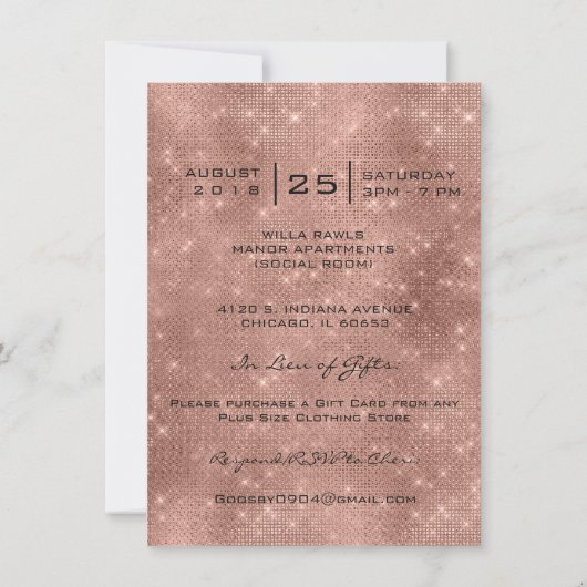 Brautparty Spark 16. Rose Spark Glitzer Eggpla Einladung (Rückseite)