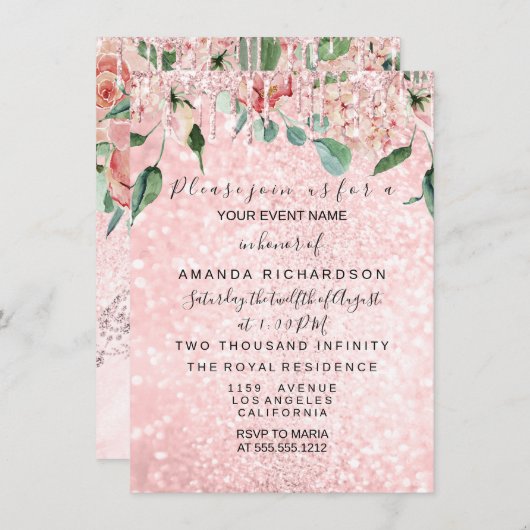 Brautparty Spark Rose Rosa Rose Kleidung Glitzer Einladung (Vorne/Hinten)