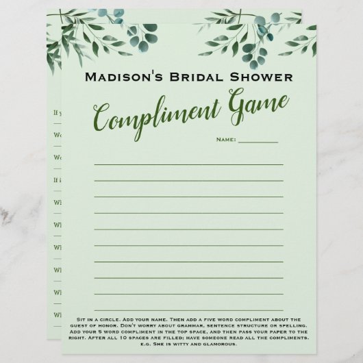 Brautparty Spiel 💕 5 Word Kompliment Eiszeit (Vorne/Hinten)