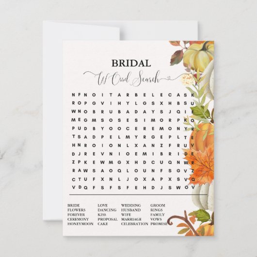 Brautparty-Spiel fallen Kürbiswortsuche (Vorderseite)