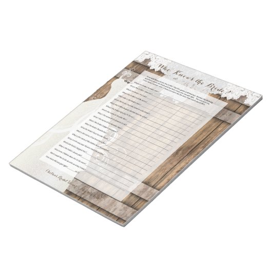 Brautparty-Spiel in rustikalem Holzdesign Notizblock (angewinkelt)