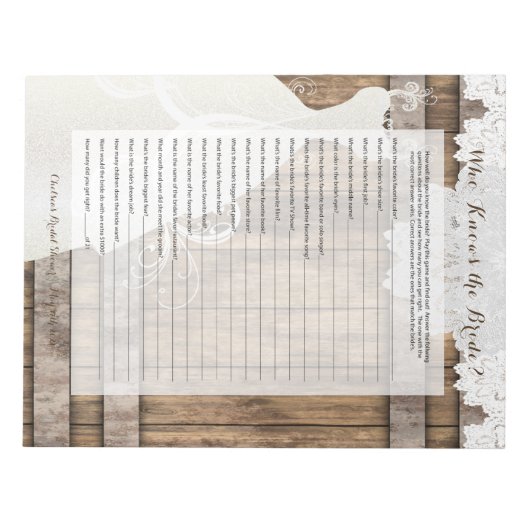 Brautparty-Spiel in rustikalem Holzdesign Notizblock (Vorderseite)