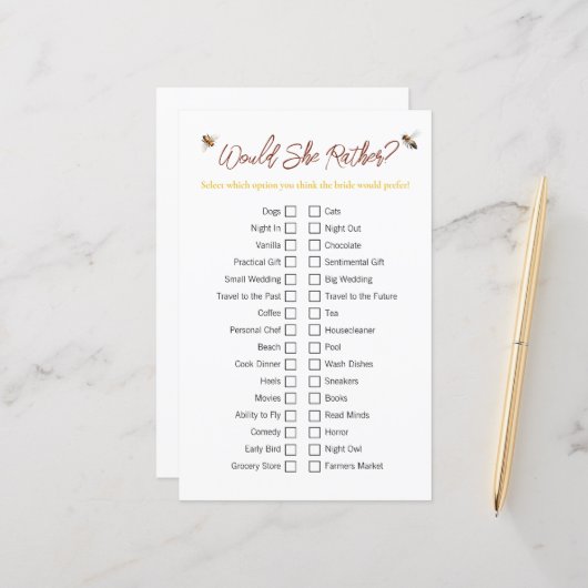 Brautparty-Spiel "Wäre sie lieber" (Vorderseite/Rückseite Beispiel)