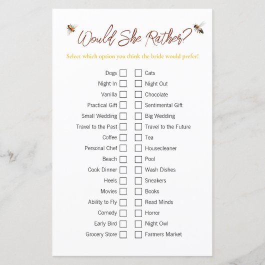 Brautparty-Spiel "Wäre sie lieber" (Vorderseite)