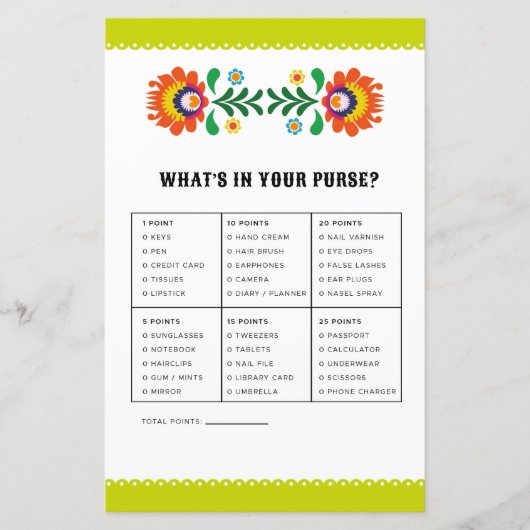 Brautparty-Spiel, was in deiner Purse Fiesta ist (Vorderseite)