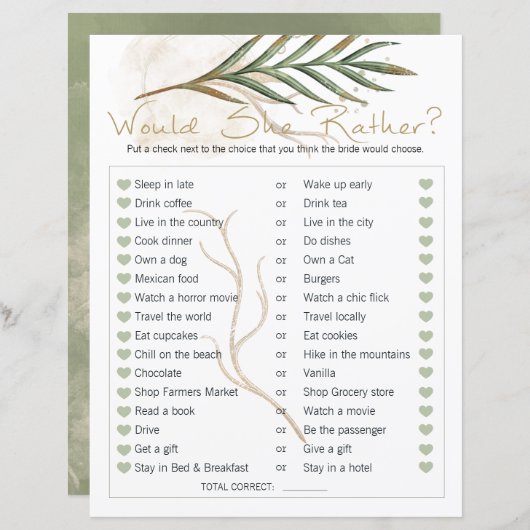 Brautparty-Spiel würde sie eher Gold Sage (Vorne/Hinten)