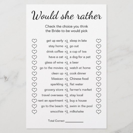 Brautparty-Spiel würde sie eher Karte (Vorne)