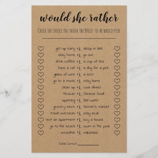 Brautparty-Spiel würde sie eher Karte (Vorne)