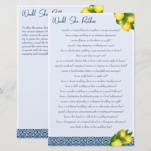 Brautparty-Spiele Würde sie lieber spielen Briefpapier (Vorne/Hinten)
