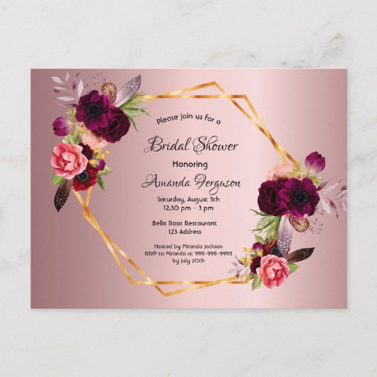 Brautparty staubige Rose Bordeaux Einladung Postkarte (Vorderseite)