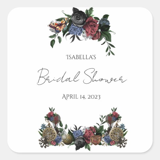 Brautparty Steam Punk Blumenweinetikett Quadratischer Aufkleber (Vorderseite)